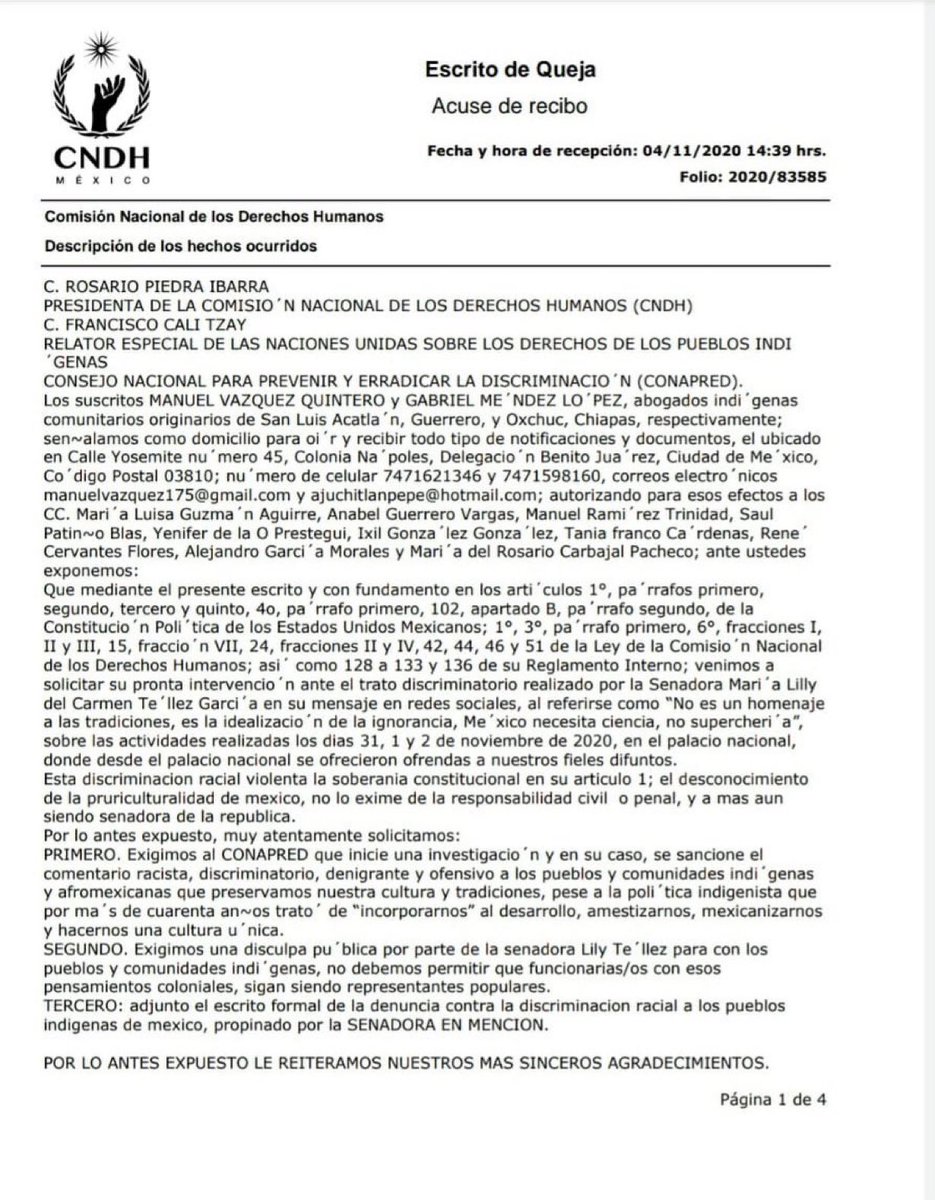 MD_H0_DrAaronFC's tweet photo. Hace 4 días, se formalizó y se presenta vía electrónica la denuncia ante la @CNDH, @CONAPRED y al relator de la ONU en contra de la supuesta Senadora @LillyTellez por denigrar  y discriminar la tradicional altar realizada por l@s herman@s indígenas en Palacio Nacional

BASTA YA https://t.co/s6IzsnqWDi