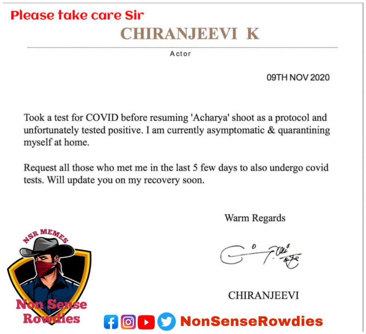 NonsenseRowdies's tweet photo. Sir please take care @KChiruTweets #COVID19 #GetWellSoon #Recoverfast #chiru https://t.co/4chAw4puoy