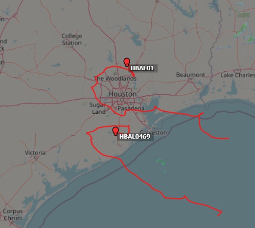 stratoballoon's tweet photo. @ai6yrham @jroyed @NWSHouston @mattlanza @abc13weather @Loon4all Not @Loon4all but @RavenAerostar's 

The Huston area has the presence of two #Thunderhead balloons which entered the zone from the Gulf of Mexico where they were operating in the last weeks. 

The one pictured #HBAL01 has been 82 days in flight - a new record for the company. https://t.co/e33pDg6nvJ