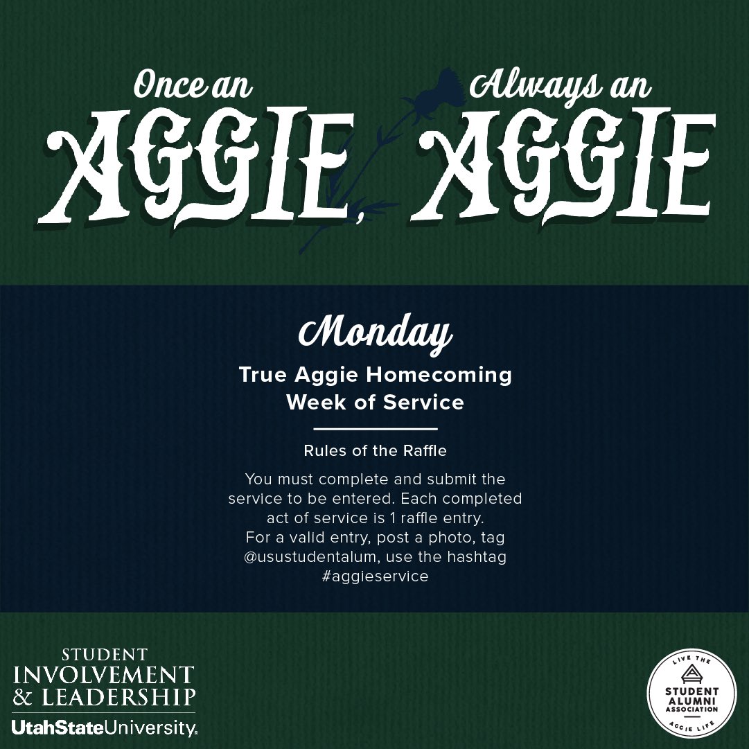 USUStudentAlum's tweet photo. Calling all Aggies everywhere! Join Student Alumni Association in a Homecoming Week of Service! #usustudentalum #usuhomecoming2020 https://t.co/hAsPLFnyhl
