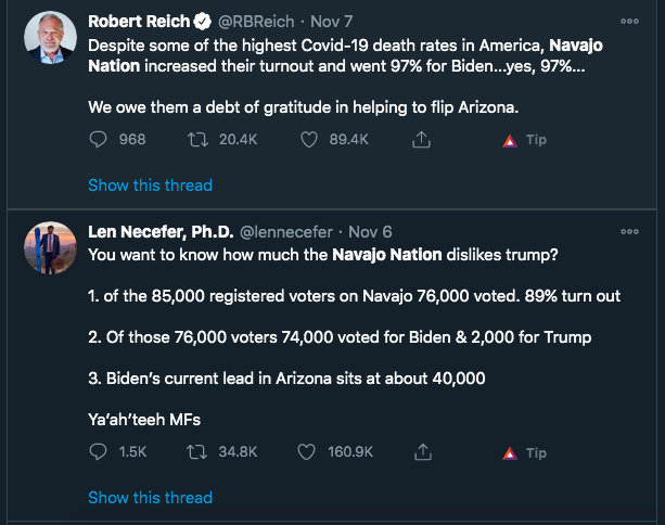 deQolonize's tweet photo. #NavajoNation propaganda campaign!
This mis-info has caused a uptick in #Twits thanking navajos for saving #BidenHarris #VoterFraud Spreading fake data to cover the fraud. 
Where are the fact checkers for these #Democrats?
@RBReich @lennecefer @Mathilde1469 @rebeccanagle https://t.co/nOuihe9i2Q