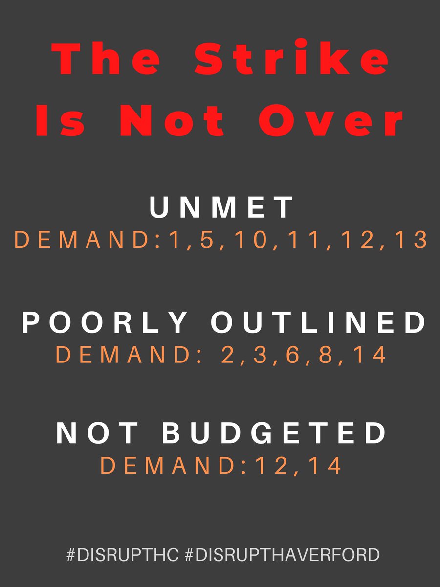 disrupthc's tweet photo. Like we said strike's not over til demands are: met, budgeted, outlined, and accountability measures placed. Wendy can't end it just because she wants it to.
HC Strike Day 12 #DisruptHC #DisruptHaverford https://t.co/raj7wJYnKn