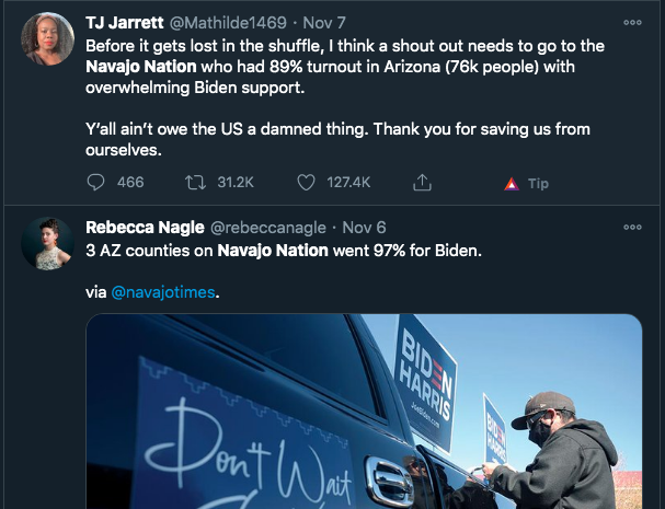 deQolonize's tweet photo. #NavajoNation propaganda campaign!
This mis-info has caused a uptick in #Twits thanking navajos for saving #BidenHarris #VoterFraud Spreading fake data to cover the fraud. 
Where are the fact checkers for these #Democrats?
@RBReich @lennecefer @Mathilde1469 @rebeccanagle https://t.co/nOuihe9i2Q