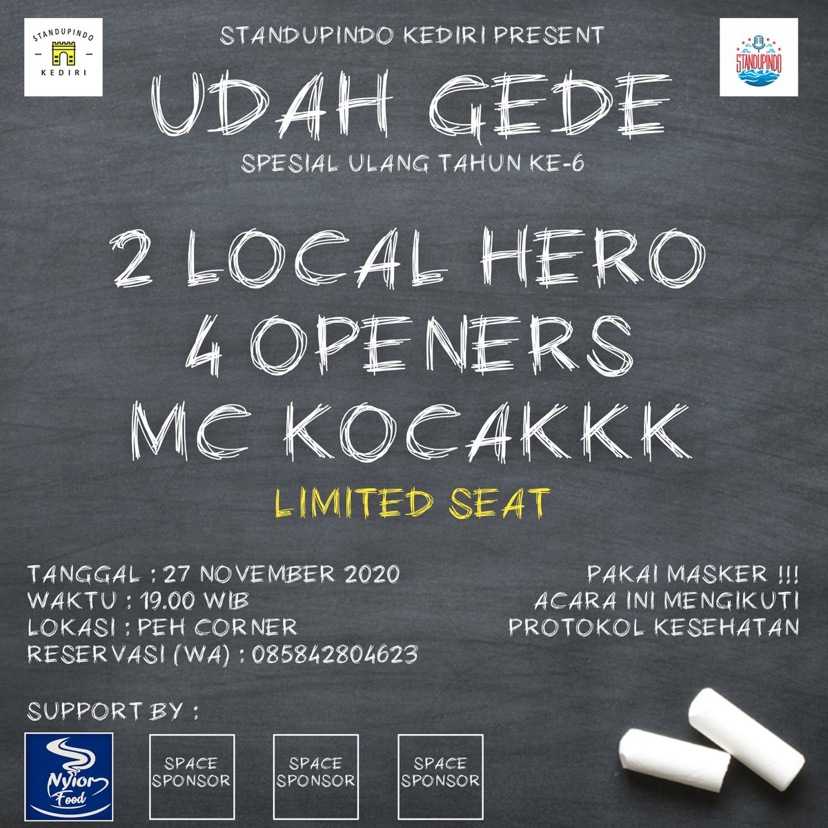 Buat yang spam DM anniversary kok gak dirayakne , nih langsung di gawekno, wes ndang reservasi opo pe tanya-tanya space sponsor iku onok cp ne langsung ae.

Special anniversary ke-6 
"UDAH GEDE"

Pakai masker Yo cah dan tetap patuhi protokol kesehatan.