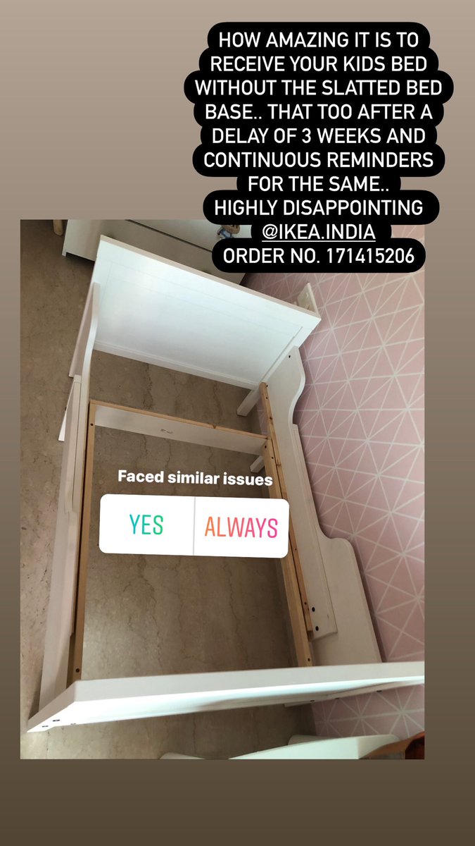 NehaLullaJewlry's tweet photo. How amazing it is to receive your kids bed without the slatted bed base.. That too after a delay of 3 weeks and continuous reminders for the same..
Highly disappointing @IKEAIndia @ikeaindiastore Order no. 171415206 https://t.co/EHViJ9sD6O
