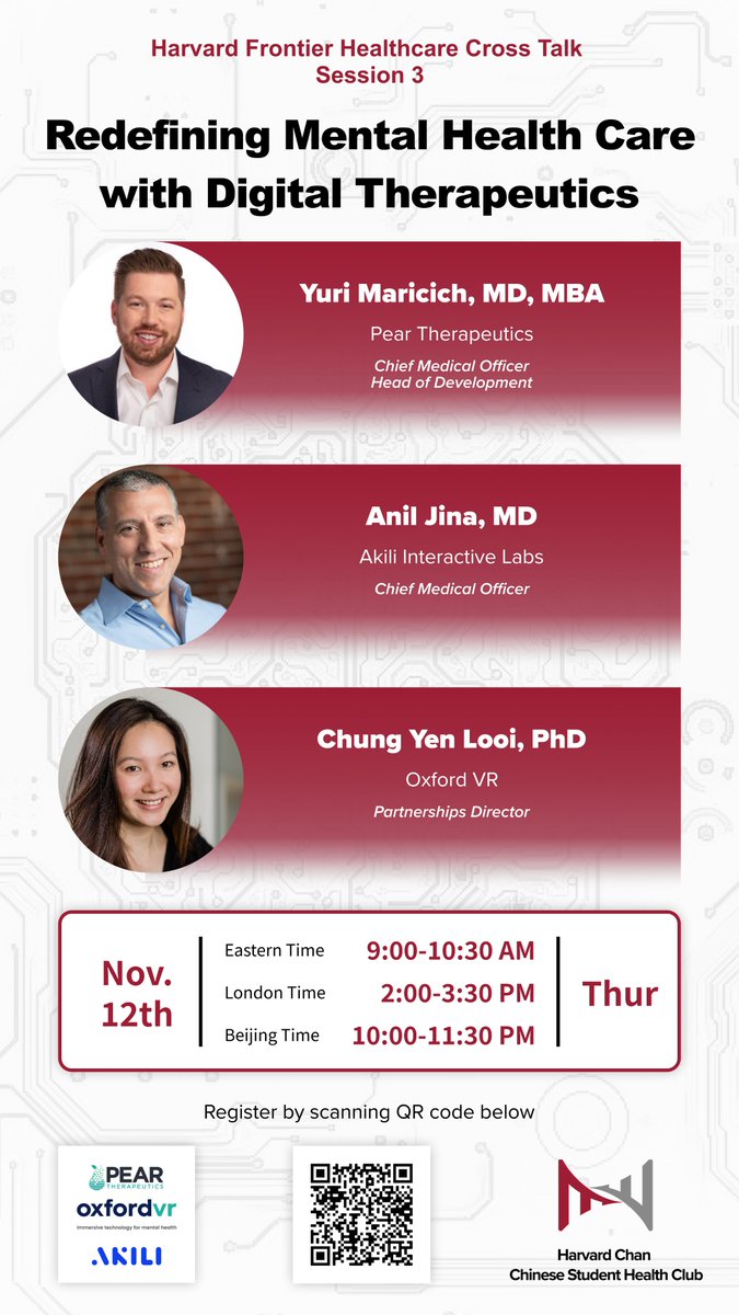 Harvard_HCCSHC's tweet photo. Harvard Chan Chinese Student Health Club is hosting a webinar on prescription digital therapeutics for mental health care on Nov.12 9-10:30 am EST. We are honored to have 3 guest speakers from pioneer digital health companies. Find more event details here: https://t.co/zsvhjfVFmI https://t.co/ZxcLMHJgQ7