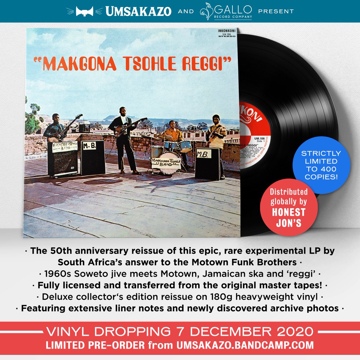 umsakazorecords's tweet photo. Proudly presenting the 50th anniversary reissue of MAKGONA TSOHLE REGGI, on deluxe 180g vinyl, transferred from the original masters, plus extensive notes and rare photos. Dropping 7 December. Distributed by @HonestJonsLDN. Limited copies at https://t.co/XWvacRfcT3 https://t.co/YsQA1Jor13