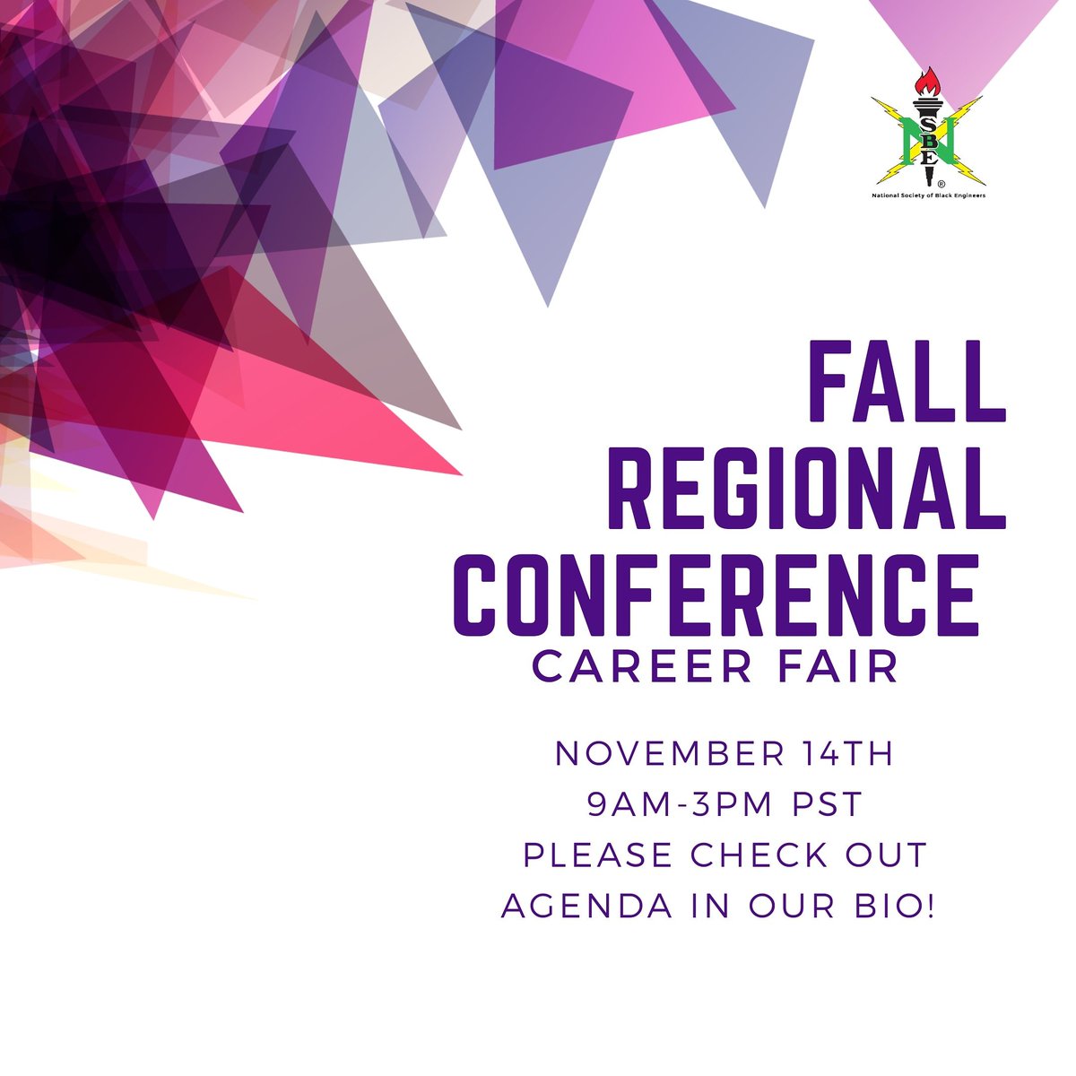 In collaboration with R4 &amp; R5 Fall Regional Conference Career Fair is Nov. 14th 9am-3pm PST. 🎉🍁💜🏠

Please make sure to check out our company list and submit your resumes early on careers.nsbe.org

#nsbe #nsberegion6 #r6nsbe #r4nsbe #r5nsbe #nsbefrc #virtualconference