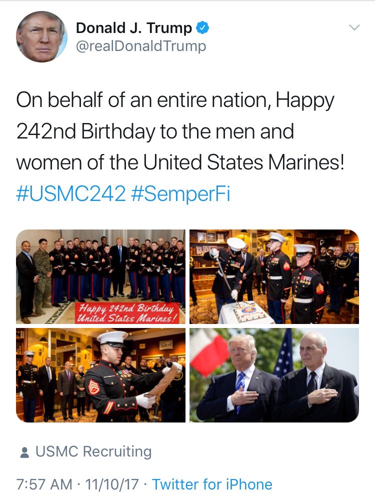 8/ THREE YEAR DELTA: 11/10/17 (Tuesday)You know whose birthday  @realDonaldTrump highlighted?Semper Fi o7Need I elaborate on the significance of this?“What authority does POTUS have specifically over the Marines?”Also - two mirrors in this:2427:57OORAH!