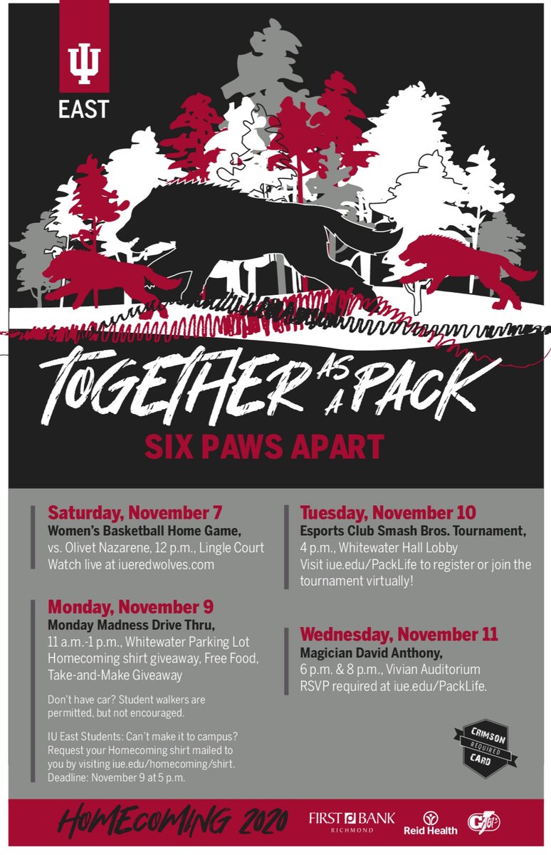 iuepacklife's tweet photo. 🐺HOMECOMING WEEK🐺
Drive through campus tomorrow for the Monday Madness Drive Thru event!

📍 Whitewater Hall Parking Lot
🕚 11am-1pm
👕 Free Crew Sweatshirt
🥪 Free Lunch
🐺 Free Spirit Sand Art Kit
😷 Mask up!

 #IUEHomecoming2020 #RedWolfNation #iueast https://t.co/uKOa9u71zV