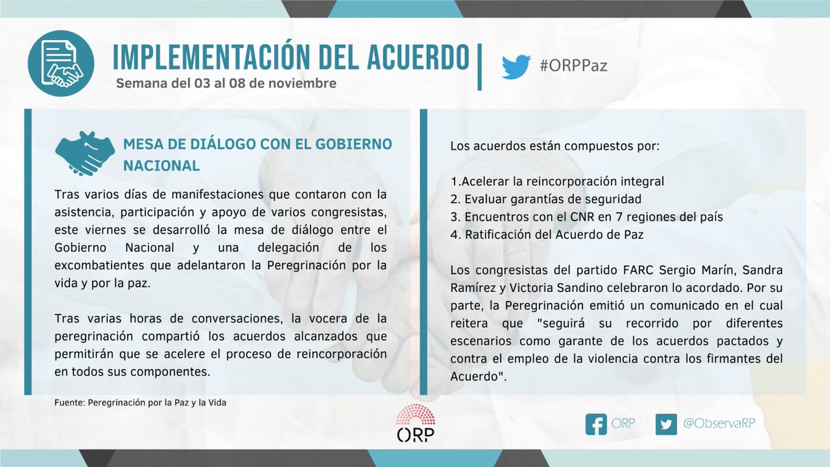 ObservaRP's tweet photo. Entérese del trabajo relacionado con la implementación del Acuerdo de Paz que están desarrollando los excombatientes en el Congreso #ORPPaz 🏳
Boletín de Paz: 03 al 08 de noviembre. https://t.co/rEPxaDmEDa