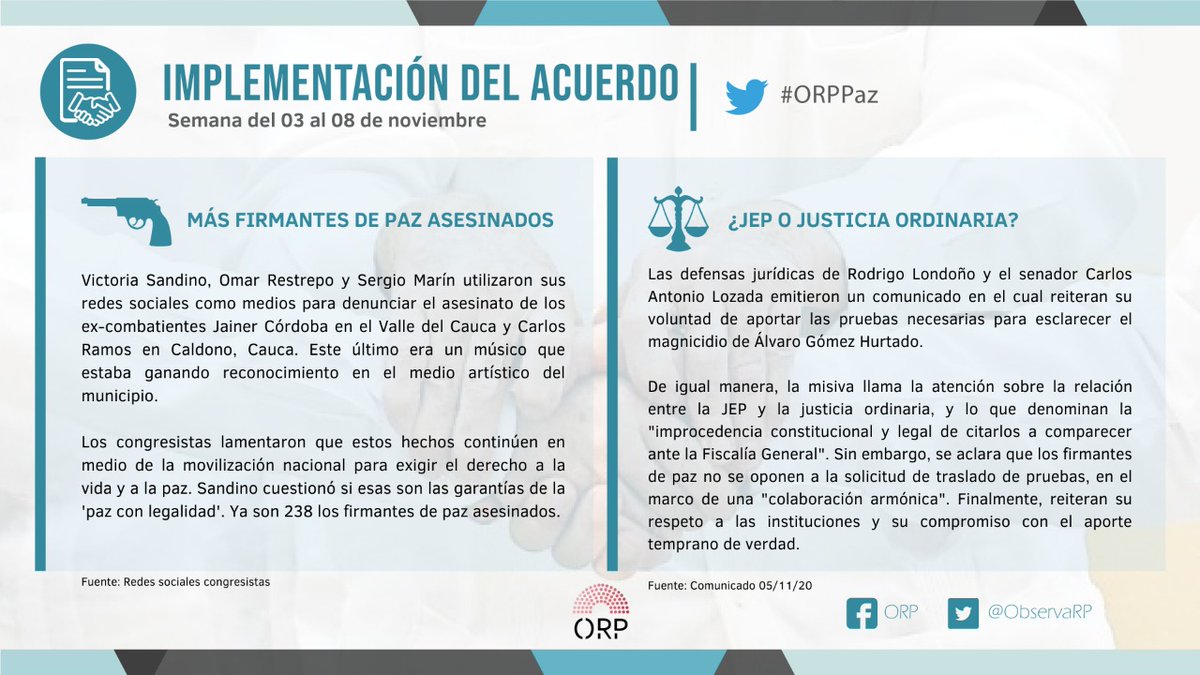 ObservaRP's tweet photo. Entérese del trabajo relacionado con la implementación del Acuerdo de Paz que están desarrollando los excombatientes en el Congreso #ORPPaz 🏳
Boletín de Paz: 03 al 08 de noviembre. https://t.co/rEPxaDmEDa