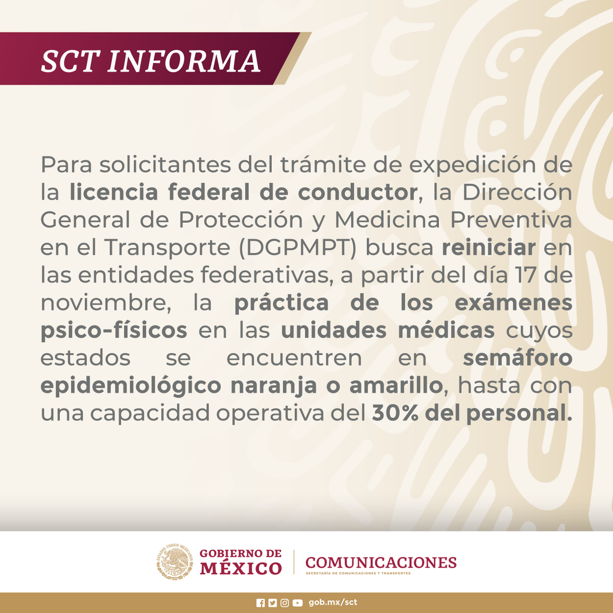 SICTmx's tweet photo. 🚨 #MantenteInformado 🚨

Las licencias federales de conductor que hayan vencido durante la pandemia seguirán vigentes y con plenos efectos jurídicos ante cualquier persona o autoridad hasta el 31 de diciembre de 2020.

Aquí más detalles ➡ https://t.co/WZsB1O0BBM https://t.co/8RBlOsPrPw