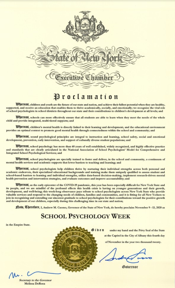 nyasp's tweet image. Thank you @NYGovCuomo for your proclamation! This week is National School Psychology Week and #SchoolPsychologists are #HereToHelp! #SPAW2020 #weareNYASPstrong @nasponline @NASPGumby @bethrizi