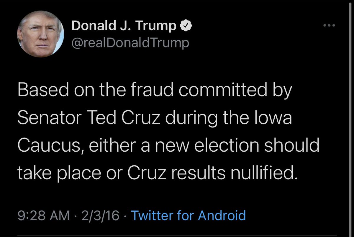 DudeDadEsq's tweet photo. @tedcruz Remember this from 2016?  Every time he doesn’t get his way he cries “fraud” and “rigged”. And now, he’s collecting donations to “fight” fraud but most will pay off the campaign debt.   Still playing the con. 

#TrumpCriesFraud
#PresidentBaby https://t.co/R4zZAzeZ72