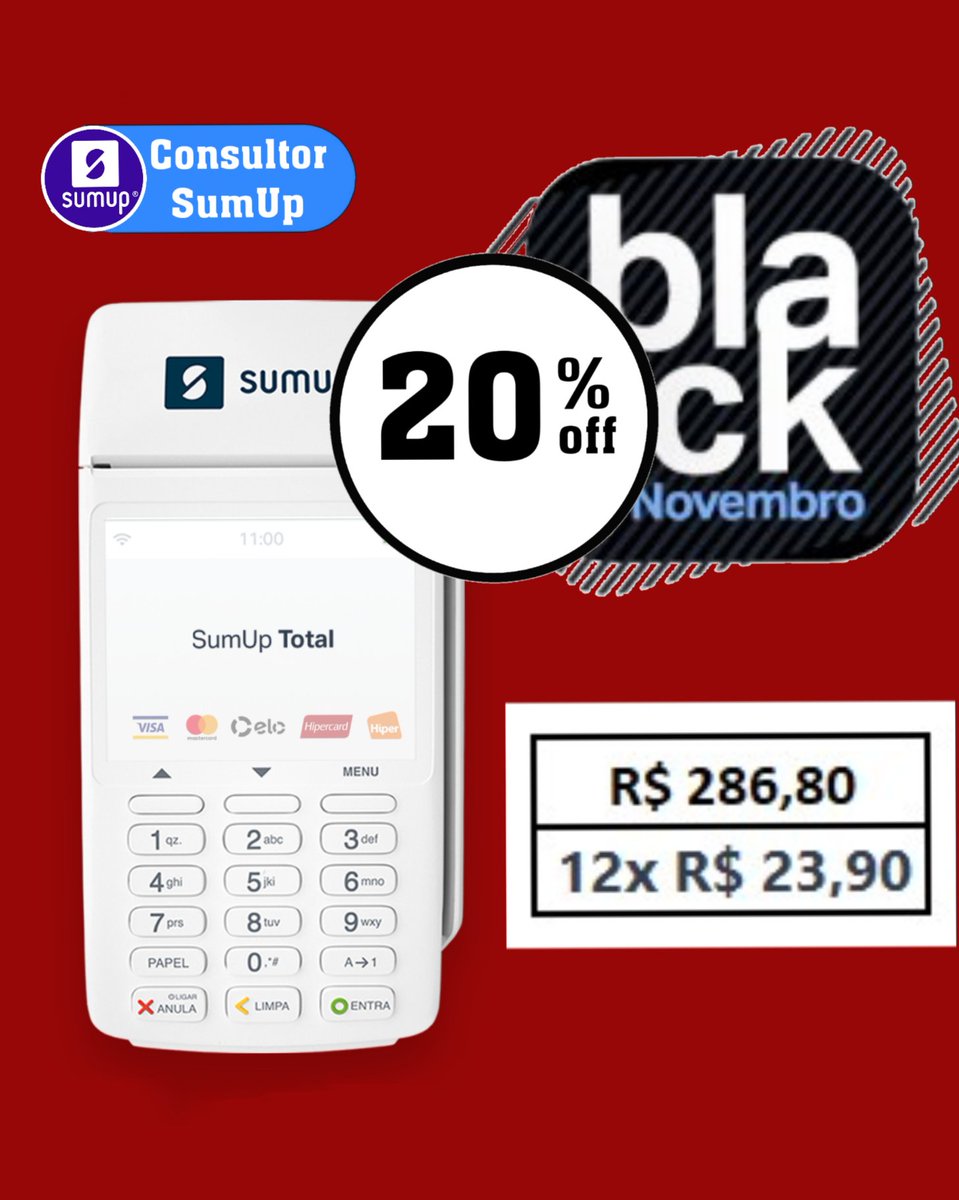 SumUp_Consultor's tweet photo. SUMUP TOTAL BLACK FRIDAY 2020
-
*-R$ 286,80 ou 12 x R$ 23,90 (compra na Pronta Entrega) contato pelo WhatsApp (11) 96660-0677
ou
*-*-R$ 268,80 ou 12 x R$ 22,40 (Mais 5% de desconto na compra pelo link)
https://t.co/cSe3M3LxGQ

#sumup #sumuptotal #blackfriday https://t.co/0Fv1KwtftB