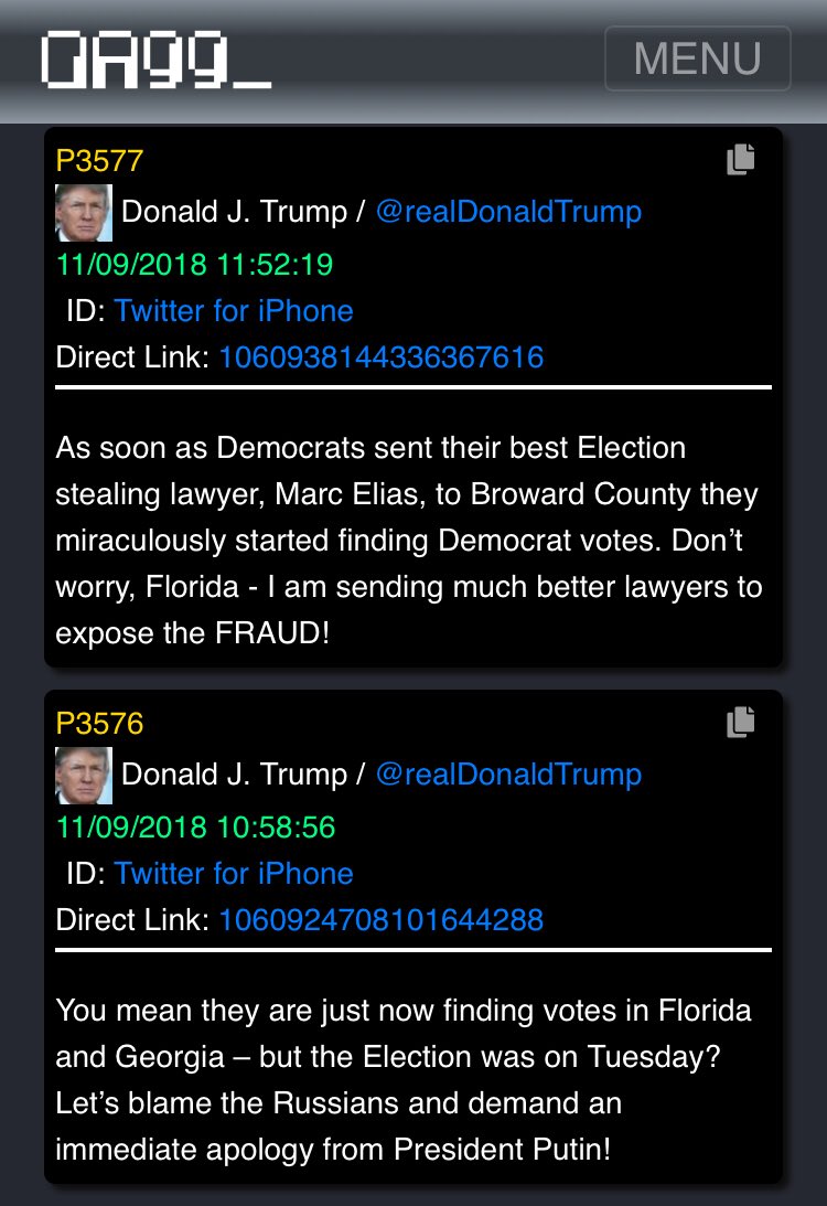 11/ TWO YEAR DELTAToday (11/8/18)What did  @realDonaldTrump tweet about?Election FraudNo dropsWhat did he tweet about 11/9/18?HOLY GOD MORE ELECTION FRAUDHe could copy-paste these tweets to today & replace the namesUnreal