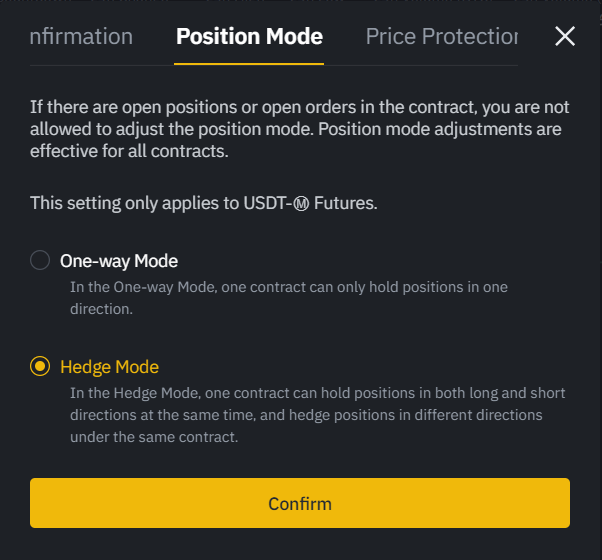 Click Position Mode > hedge mode & "Trading view"Hedge mode: ability to open both long and short concurrently.
