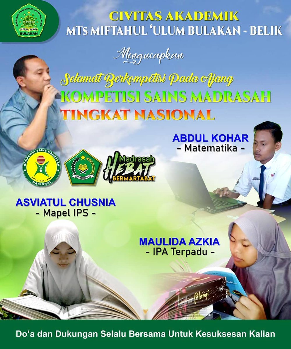 desabulakan's tweet photo. Tiga siswa MTs Miftahul Ulum Bulakan ikuti Kompetisi Sains Madrasah Tingkat Nasional.
Semoga sukses lan angsal prestasi.

https://t.co/DhrzQk7GQQ https://t.co/SulR3EDUD5