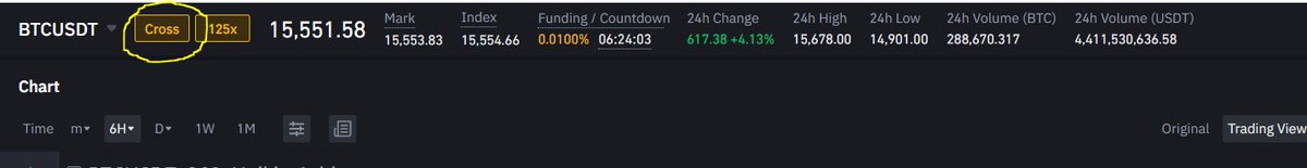 Margin mode > Cross & Leverage Min. 50x Cross: Uses all your money in your walletIsolated: Uses only money you put in that particular trade Leverage: Uses borrowed money