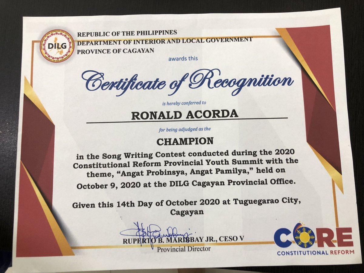 1Enrile's tweet photo. LOOK: ANOTHER ENRILE'S PRIDE, MR. RONALD ACORDA, RECOGNIZED FOR BEING THE CHAMPION IN PROVINCIAL-WIDE SONG WRITING CONTEST HELD IN OCTOBER 2020. Full Article----> https://t.co/eoUgk0ku8R https://t.co/OdnJwGr2kW