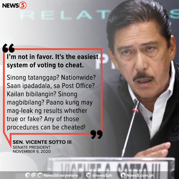News5PH's tweet photo. Hindi pabor si Senate Pres. Tito Sotto gawin din ng Pilipinas ang mail-in voting gaya ng ginawa ng Amerika sa nakaraan nitong eleksyon. Madali raw kasi itong madaya. https://t.co/WZ9GxezvMZ