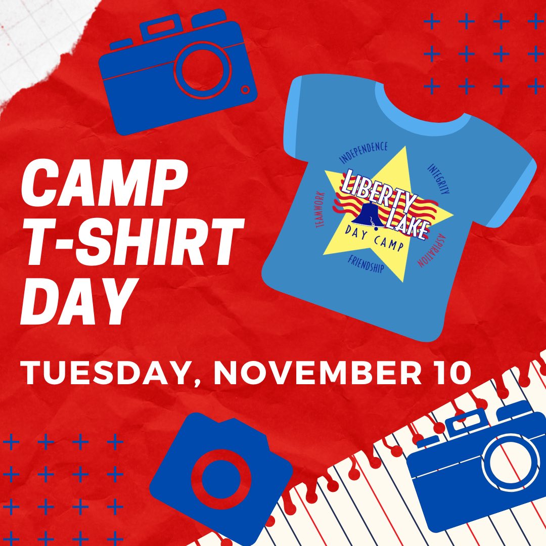 LibertyLaker's tweet photo. Time to pull out your favorite LLDC shirt! ⁣
⁣
This TUESDAY is #CampTShirtDay ❤️🤍💙⁣
⁣
🚨 REMEMBER: snap a fun pic of you/your fam in your LLDC best! TAG US ON IG/FB 📸😎 ⁣
⁣
226 days until the 1st day of camp⁣
⁣
#funinthesuneverysingleday #spiritevent #freedomofchoice https://t.co/1ObJI8lMiW
