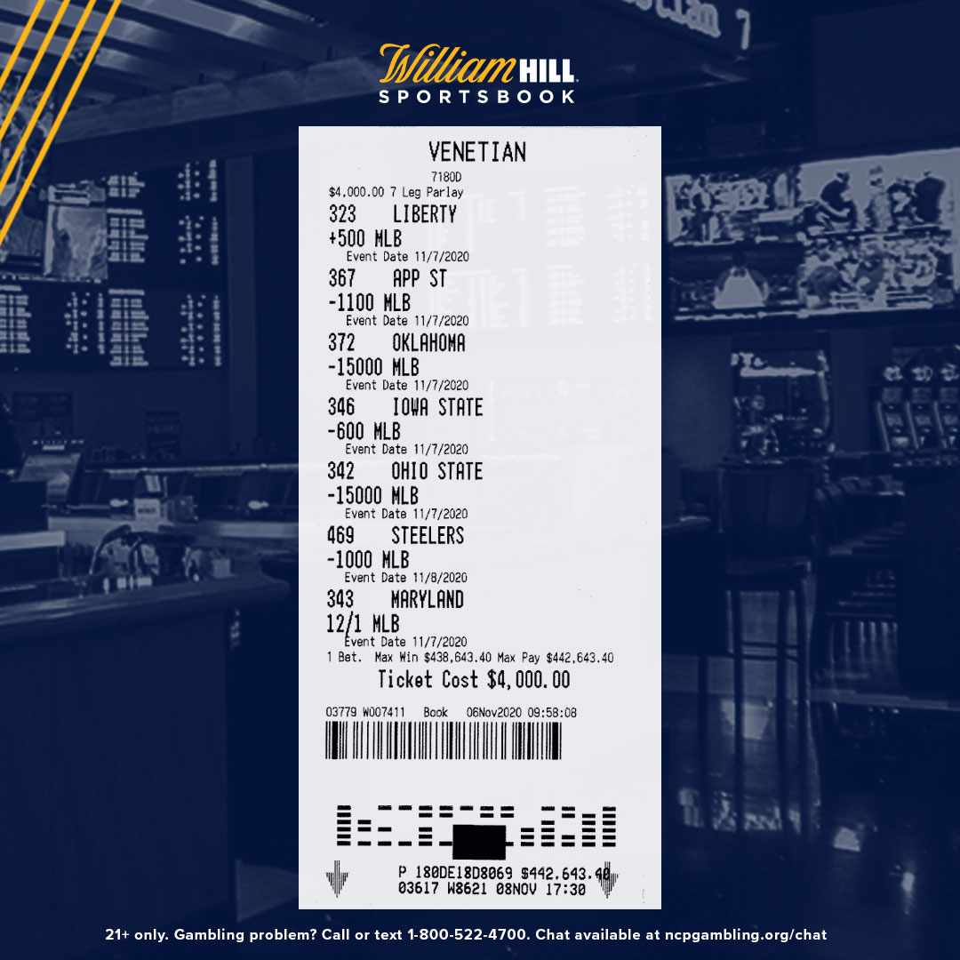 WilliamHillUS's tweet photo. Here it is! 

$4,000 ➡️ $442,643.40

👀 the winning ticket from the @WilliamHillNV bettor at the William Hill Sports Book at @VenetianVegas! #WHWinners https://t.co/Ze6t8HUDfg