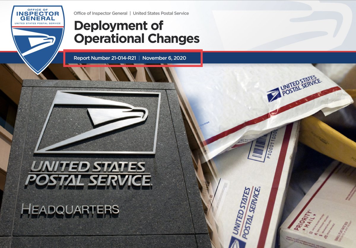 NOW for the  @OIGUSPS Nov 6, 2020 Report USPS: Deployment of Operational Changes Delayed mail reported increased 21%from 2B pieces week ending 7/10/2- to 2.4B pieces for the week ending 7/31/20Delayed mail, self-reported at post offices, increased 143% https://www.uspsoig.gov/sites/default/files/document-library-files/2020/21-014-R21.pdf