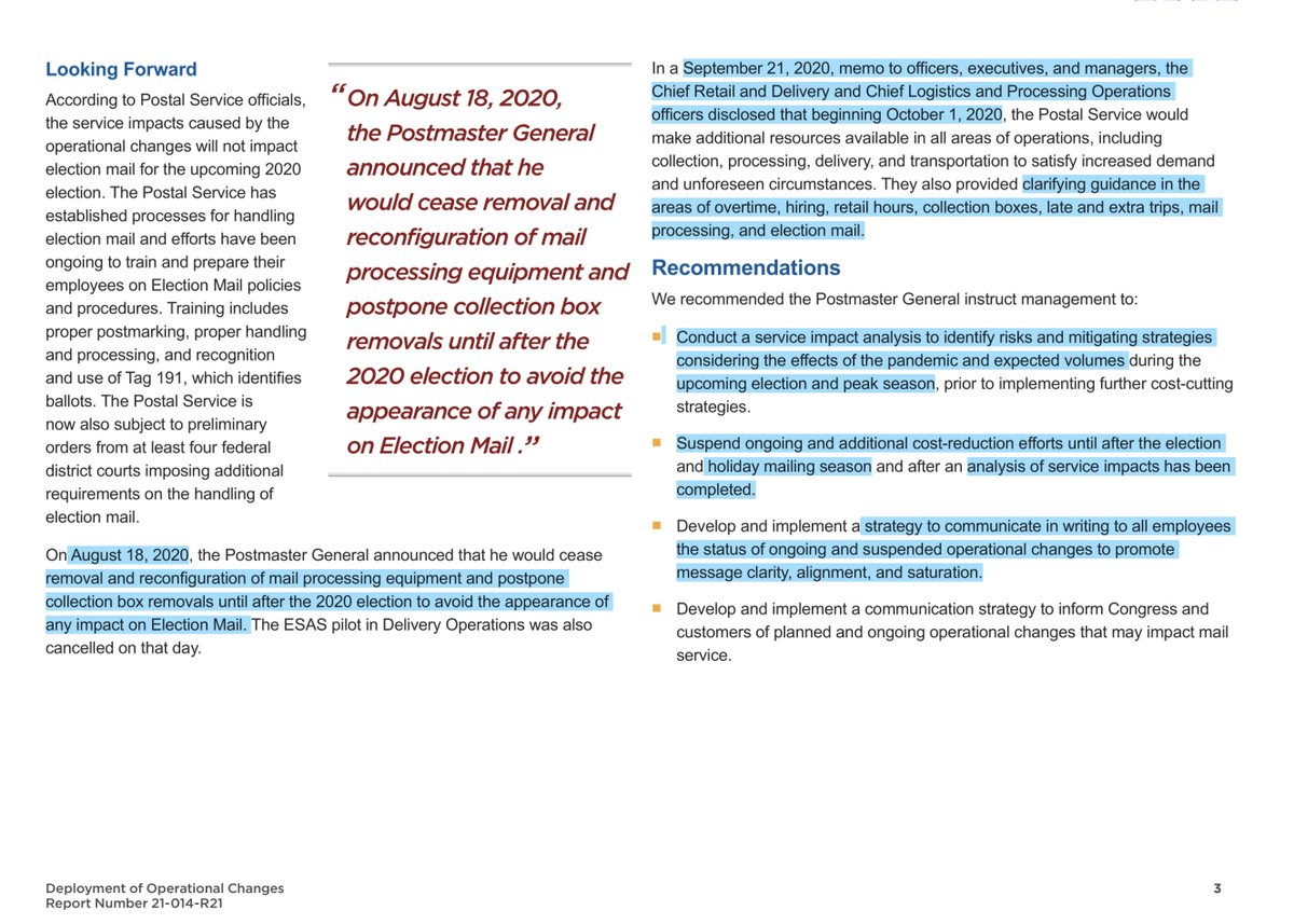 NOW for the  @OIGUSPS Nov 6, 2020 Report USPS: Deployment of Operational Changes Delayed mail reported increased 21%from 2B pieces week ending 7/10/2- to 2.4B pieces for the week ending 7/31/20Delayed mail, self-reported at post offices, increased 143% https://www.uspsoig.gov/sites/default/files/document-library-files/2020/21-014-R21.pdf