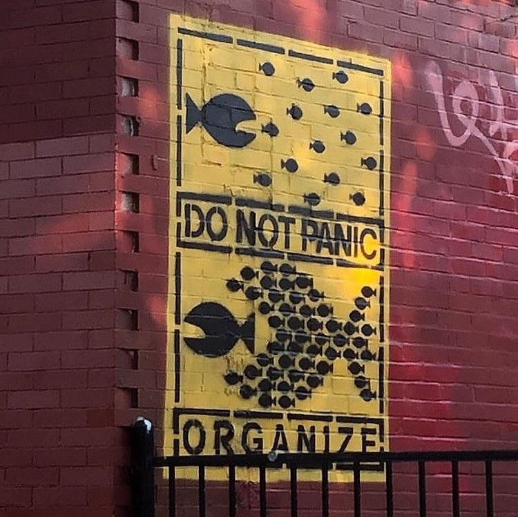 UpriseRI's tweet photo. A sign has appeared near the 'Trinity' skate park in Providence. This is at least the second time and second form that the "Do Not Panic. Organize" graphic has been posted in the city, as a stencil of this same graphic was put up near I-95's Exit 23 in September. https://t.co/Gkf4RDTtXZ