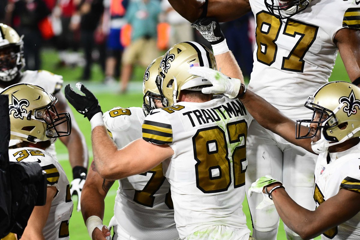 Saints's tweet photo. First NFL touchdown mood for Trautman 🎣👏 https://t.co/3FIReaZF38