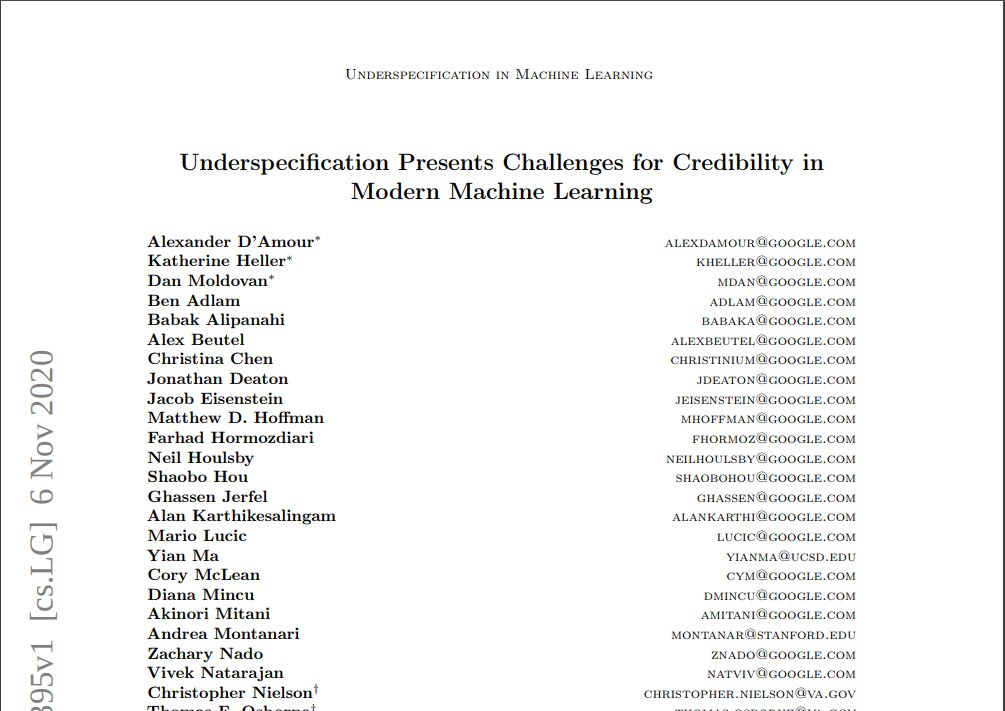 arankomatsuzaki's tweet photo. Underspecification Presents Challenges for Credibility in Modern Machine Learning

Massive collaboration by Googlers to show underspecified ML pipeline can lead to various instability and poor model behavior, incl. shortcuts and spurious correlations.

https://t.co/fpJQuiMLiP https://t.co/uNk1L9H7v3
