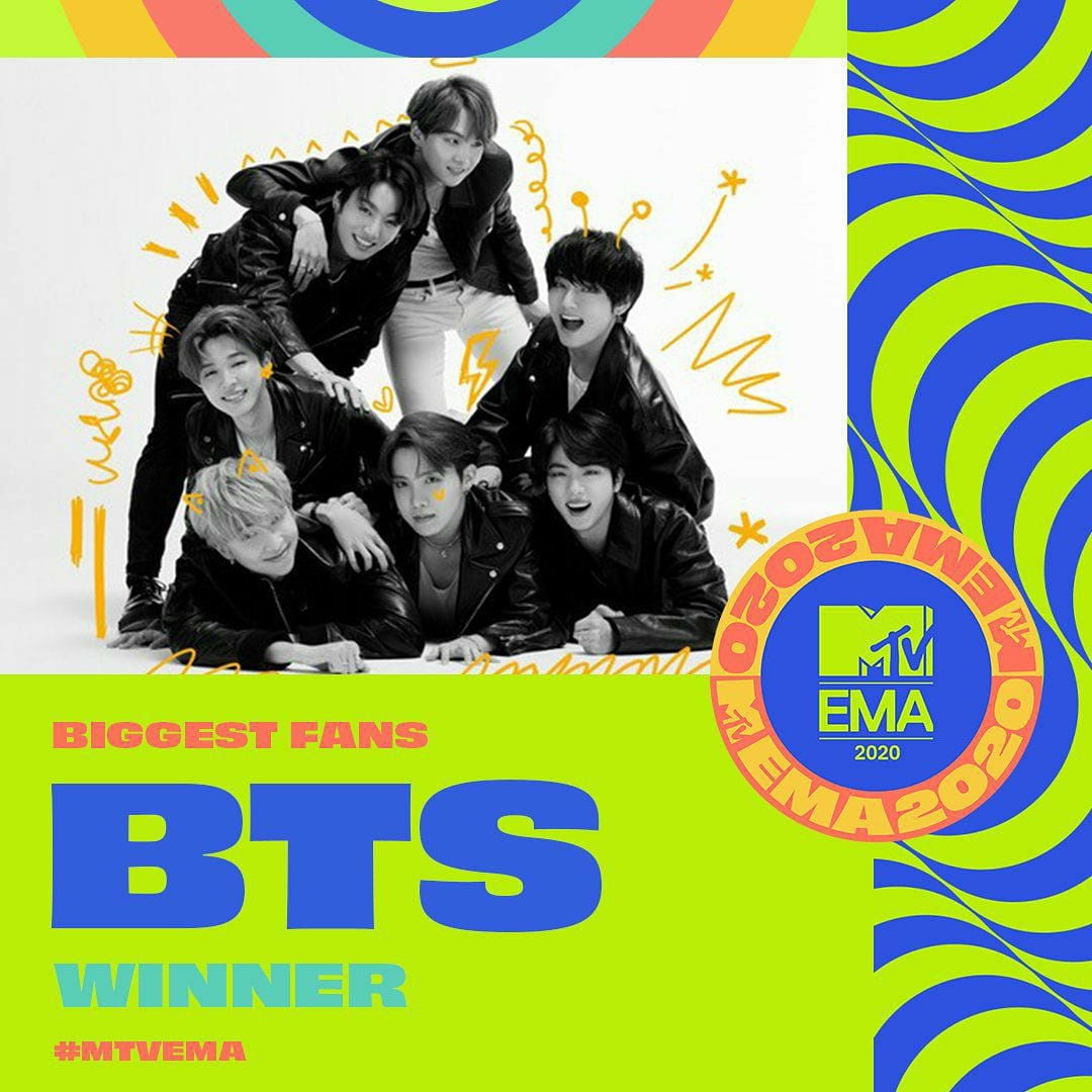 Jinkookalways92's tweet photo. BTS adalah artis malam yang paling banyak mendapatkan penghargaan di MTV EMA 2020 (4)! Mereka menang :
-Best Group
-Biggest Fans
-Best Songs (Dynamite) 
-Best Virtual Live (BangBangCon: The Live) 
#BTS #BTSARMY #BTS_twt #rm #jin #suga #jhope #jimin #v #jungkook #btsinfo #armyindo https://t.co/YoUxZ0pzwW