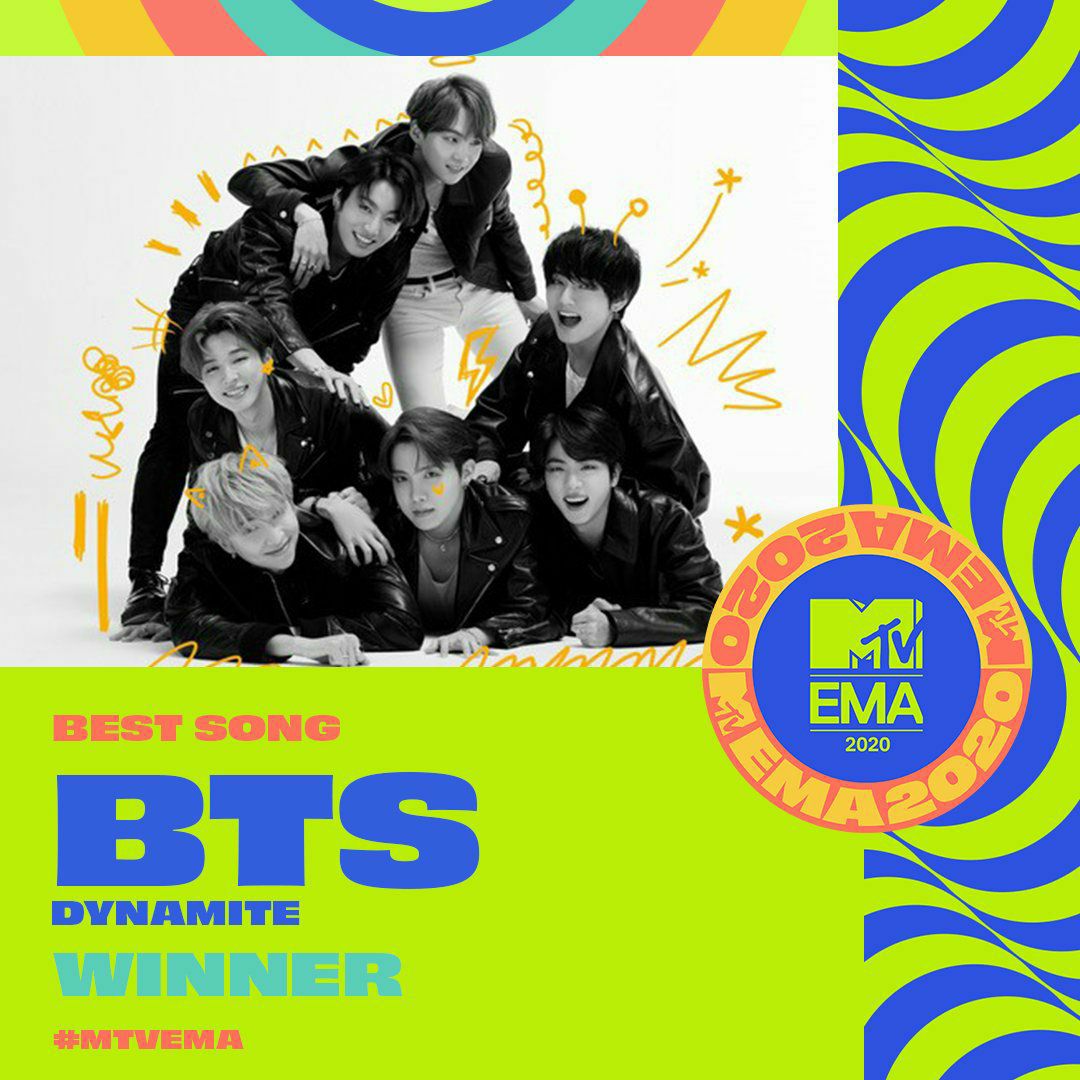 Jinkookalways92's tweet photo. BTS adalah artis malam yang paling banyak mendapatkan penghargaan di MTV EMA 2020 (4)! Mereka menang :
-Best Group
-Biggest Fans
-Best Songs (Dynamite) 
-Best Virtual Live (BangBangCon: The Live) 
#BTS #BTSARMY #BTS_twt #rm #jin #suga #jhope #jimin #v #jungkook #btsinfo #armyindo https://t.co/YoUxZ0pzwW