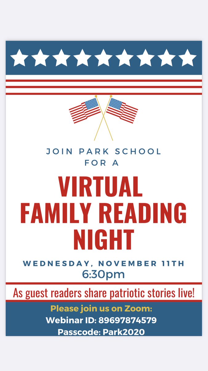 MrsPrice135's tweet photo. Hey ⁦@ParkSchool135⁩! Join ⁦@ParkPanthersPal⁩ &amp; other guest readers as we salute our veterans on 11/11 at 6:30pm on zoom webinar for a virtual family reading night. #osd135 ⁦ https://t.co/nwX0QmqHlu
