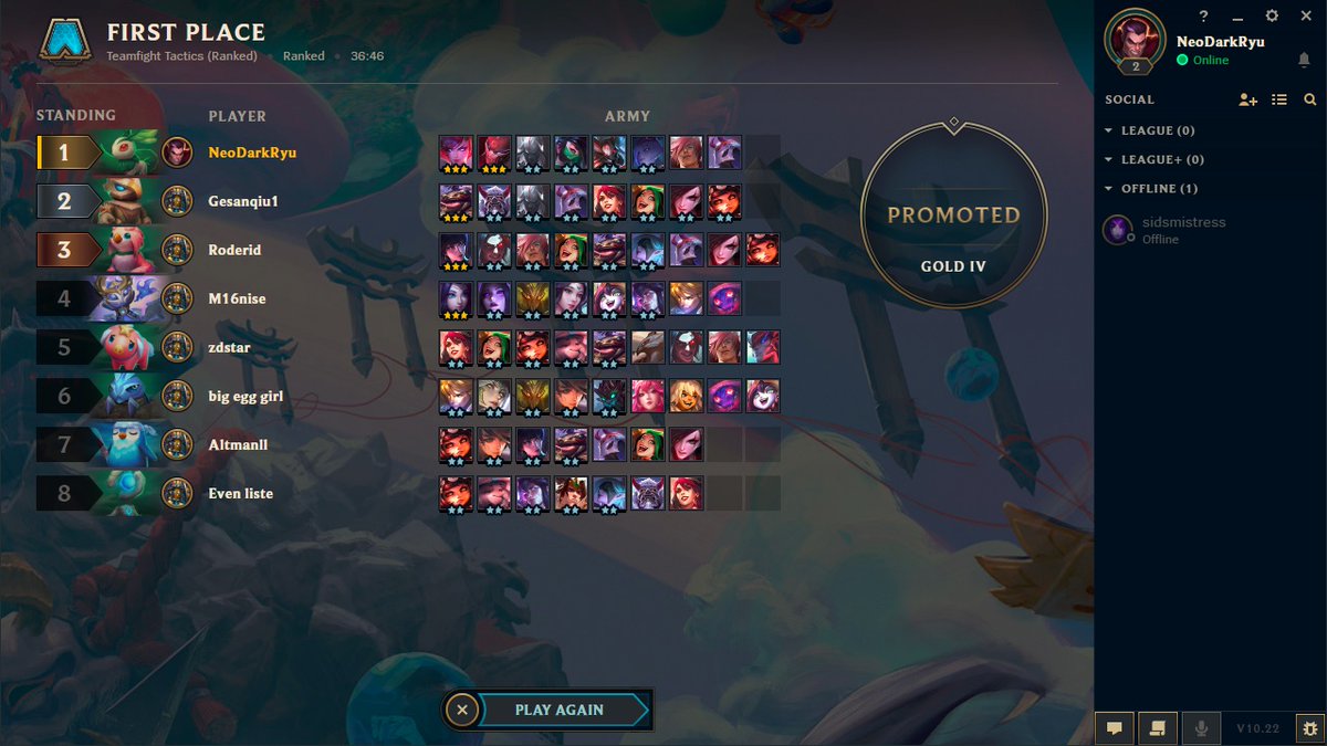 ShinDarkRyu's tweet photo. Back to back first place victories leading to Gold IV! Note: on the last game, no Chosen Champion. #TeamFightTactics #goldpromotion  @daniedandljm https://t.co/rLEJJTvQ8b