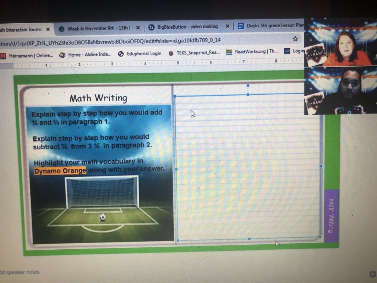KariDierks's tweet photo. This week we are teaming up with @HoustonDynamo to teach multiplying fractions. ⚽️ We are implementing math writing and speaking via @Flipgrid weekly now to make sure ALL our students reach their goal 🥅 of AH in all TELPAS areas! @ParkerESAldine #ABC’sofspeaking #SundayFunday https://t.co/wTSFmKUxzy