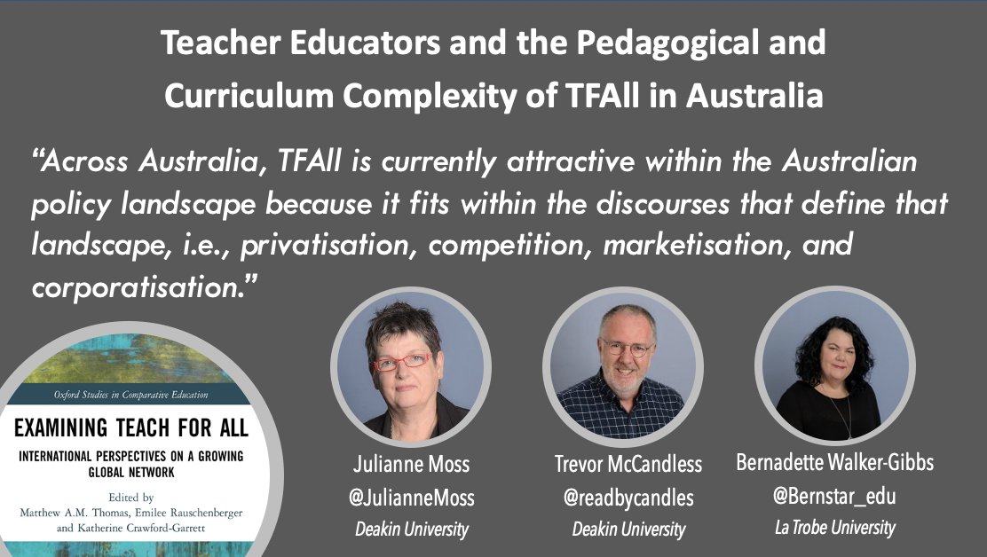 In Chap 9, @JulianneMoss & @readbycandles (@DeakinREDI), @bernstar_edu (@latrobe), & colleagues use #complexity theory & Bacchi’s #policyanalysis to interrogate how #TeacherEducators partnering w/ a TFAll program in Australia 🇦🇺 understood its multidimensional impact.