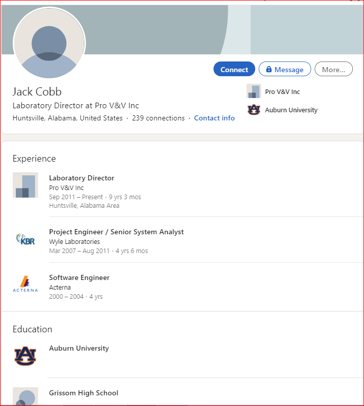 The Lab Director for PRO V & V previously worked as a Project Engineer / Senior System Analyst for Wyle Laboratories.  https://www.linkedin.com/in/jack-cobb-b1202115/