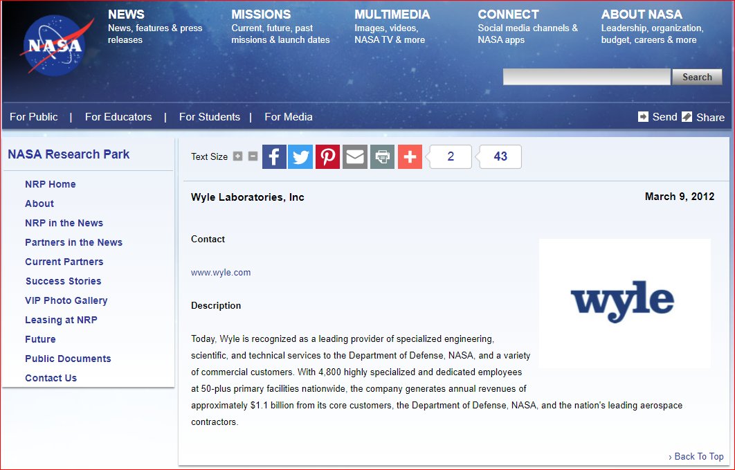 Wyle is a provider of specialized engineering, scientific, & tech services to Dept of Defense, NASA, & aerospace contractors. Wyle comprises 3 primary operating entities: Aerospace Group, CAS Group, & Integrated Science, Technology, & Engineering Group. https://www.nasa.gov/centers/ames/researchpark/partners/industry/wyle.html