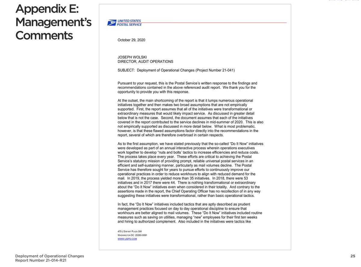 The  @USPS response is underwhelming Louis DeJoy needs to be in handcuffs and I very much look forward to his perp walk He knew exactly what his marching orders were so I’m going to remind you DeJoy do NOT destroy ANY evidence  https://www.uspsoig.gov/sites/default/files/document-library-files/2020/21-014-R21.pdf https://twitter.com/File411/status/1325149842931408898?s=20