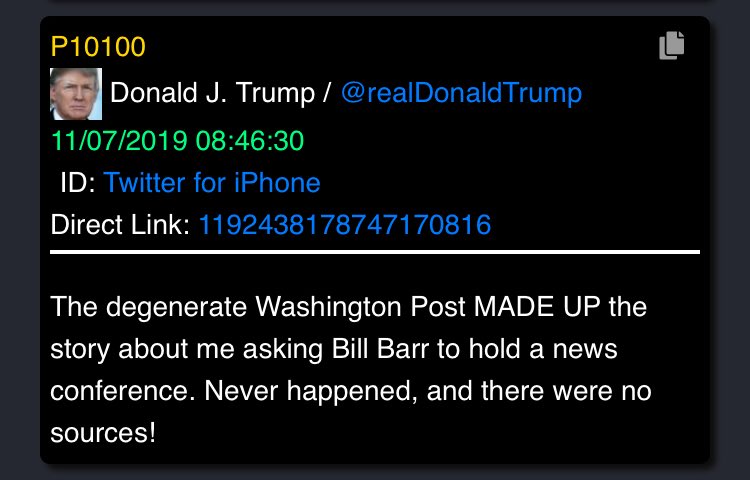 21/ Alright my pretties: breaking out the putterONE YEAR DELTANo drops in this period at all125+ tweets by  @realDonaldTrump 11/7/19: Full attack on WaPoRemember above? “WHY IS THE WASH POST LEADINF THE ATTACKS?”Then check out the next...