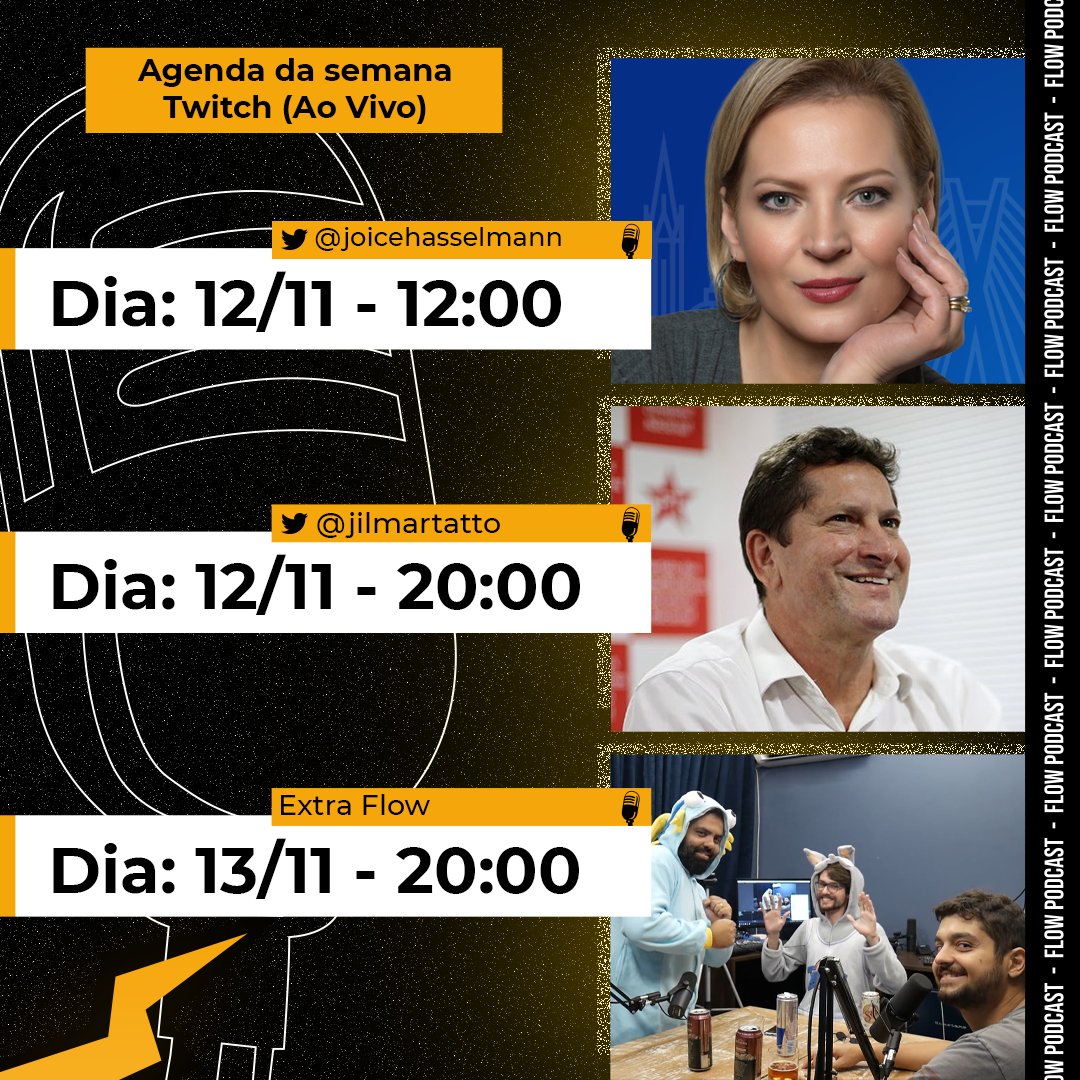 flowpdc's tweet photo. AGENDA DESSA SEMANA [TWITCH E YOUTUBE]:

• SEGUNDA 09/11 20:00 - @ratoborrachudo 
• TERÇA 10/11 20:00 - Mitu [@canalumdois]
• QUARTA 11/11 20:00 - @SeuCreYson24 
• QUINTA 12/11 12:00 - @joicehasselmann 
• QUINTA 12/11 20:00 - @jilmartatto 
• SEXTA 13/11 20:00 - Extra Flow https://t.co/y7HONQGCK4