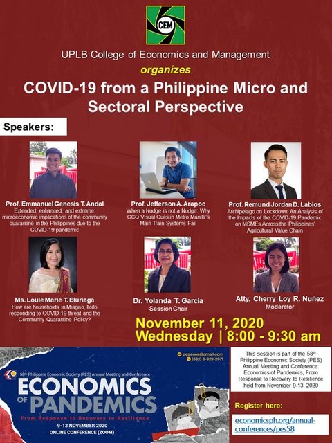 CemUplb's tweet photo. Join us at the 58th PES Annual Meeting and Conference from Nov. 9 to 13, 2020. 

UPLB CEM organizes the session “COVID-19 from a Philippine Micro and Sectoral Perspective” on Nov. 11 (Wed) at 8-9:30 am.

Register at https://t.co/cIWjJLp3VQ

Watch here: https://t.co/VAl5S2D0Jm. https://t.co/cQ5XuKJ1rw