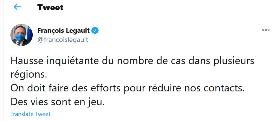 4) A day after declaring Quebec had “regained a certain amount of control over the pandemic,” Premier François Legault tweeted Sunday of a “worrisome increase in the number of cases in several regions,” adding Quebecers must reduce their contacts as “lives are at stake.”