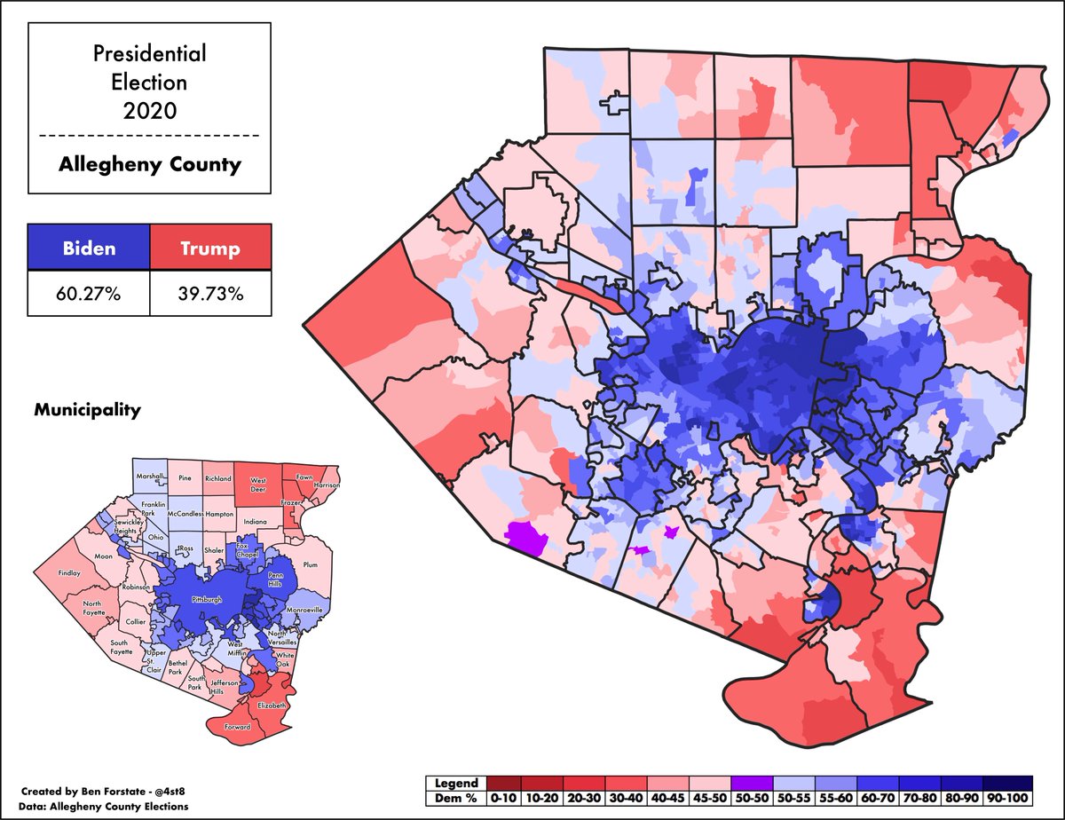 4st8's tweet photo. First map of 2020, my home county. Biden is the first Democratic nominee since Dukakis to hit 60% of the vote in Allegheny. Also the 1st time since at least 1964, and possibly ever, that Dems have carried McCandless, Franklin Park, and Upper St. Clair. Welcome to the realignment. https://t.co/XYJfST1qpk