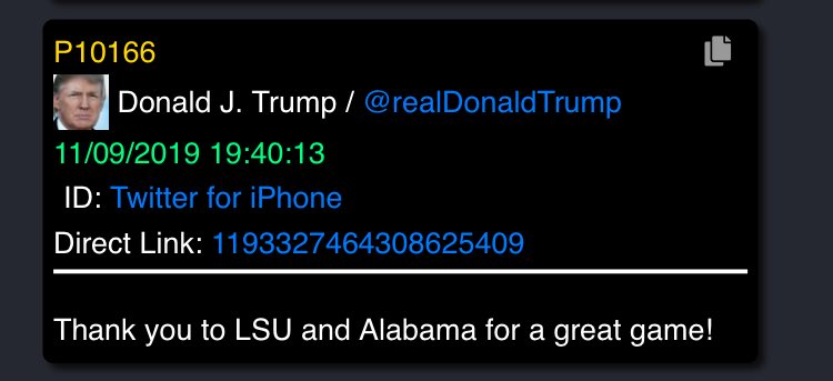 25/ Also one 11/9/19,  @realDonaldTrump tweets multiple times about an LSU / Alabama gameAlabama... aka the Crimsom Tide orRed TideWait until you see the next one...