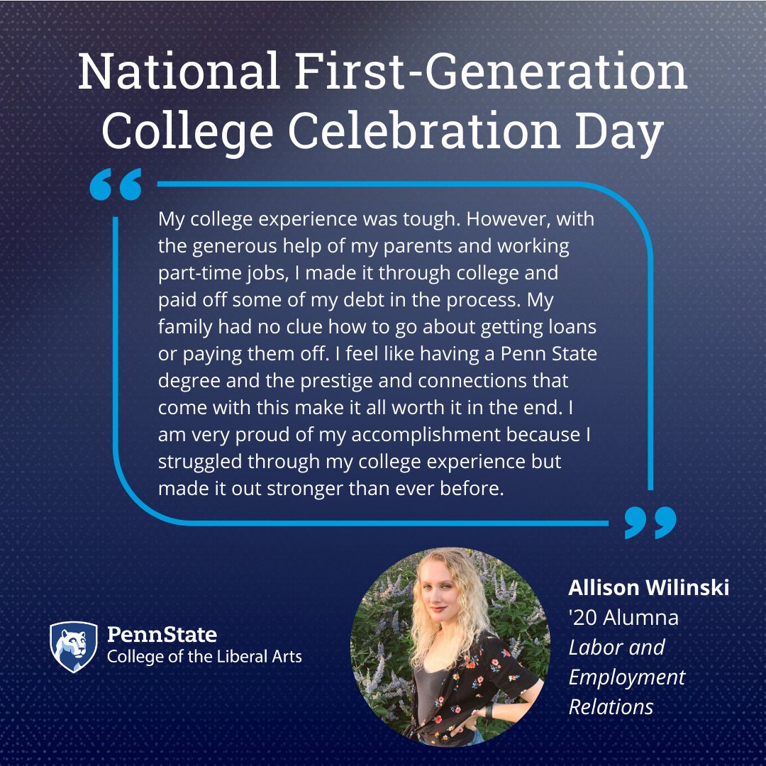 PSULiberalArts's tweet photo. Meet @penn_state Liberal Arts first-gen student Jordan Reynolds and @PSUWorldCampus alumna Allison Wilinski! #WeAreFirstGen #CelebrateFirstGen #PennState https://t.co/DlPawoqkmE