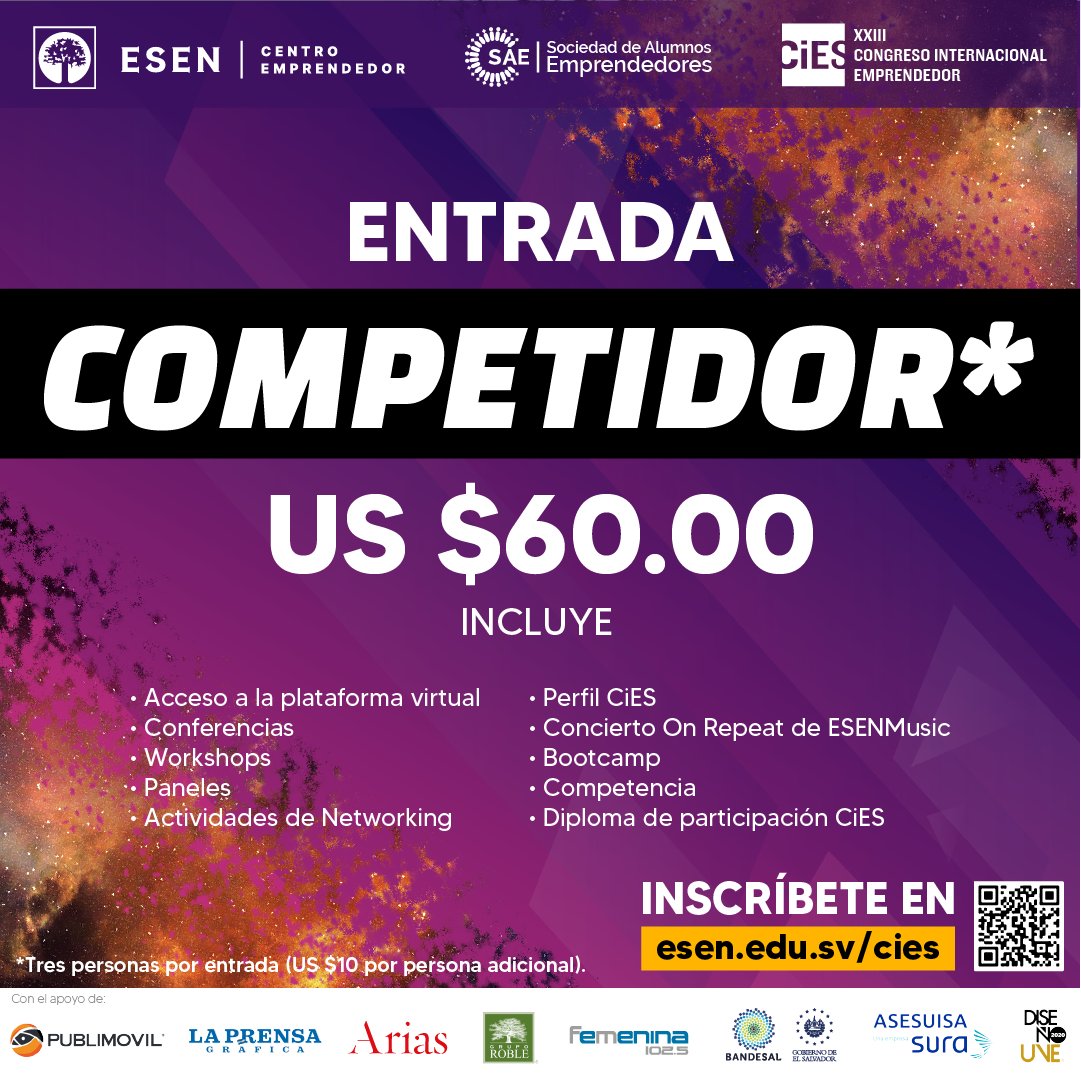 SAEESEN's tweet photo. Entrada Competidor* ⚫ (US $60.00) incluye:
• Acceso a la plataforma virtual
• Conferencias
• Workshops
• Paneles
• Actividades de Networking
• Perfil CiES
• Concierto "On Repeat" de ESENmusic
• Bootcamp
• Competencia
• Diploma de participación CiES https://t.co/XOkXHpN2Yp